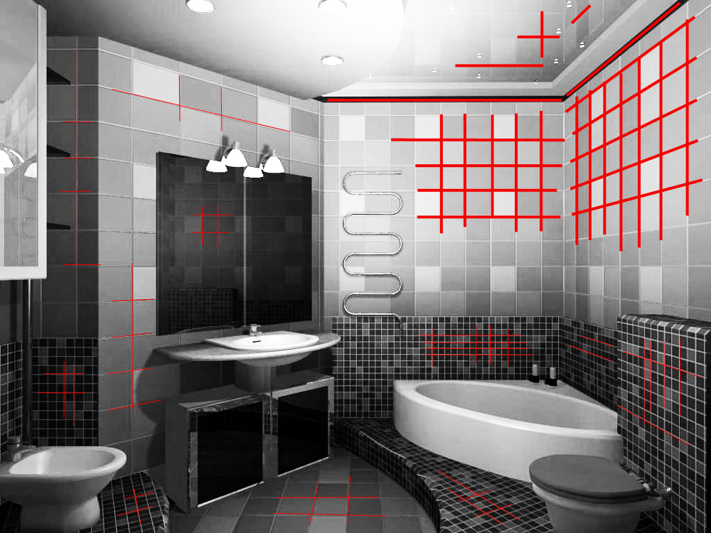  Black & White CG generated bathroom with some red lines  between tiles 